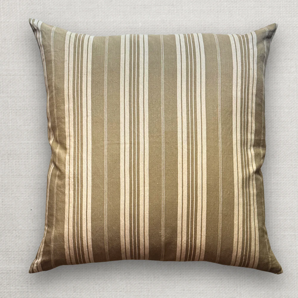 19th Century French Dusty Olive & White Ticking Pillow (#111) - Image 4