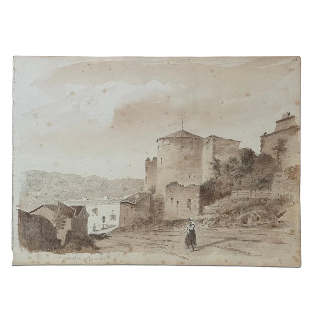 19th Century French Monochromatic Watercolor Painting by Alphonse Baril (#46)