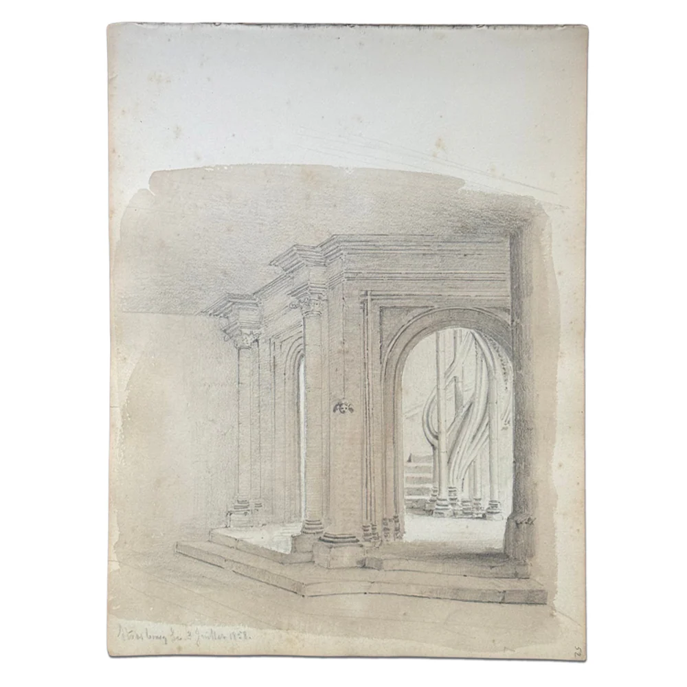19th Century French Monochromatic Watercolor Painting by Alphonse Baril (#52)