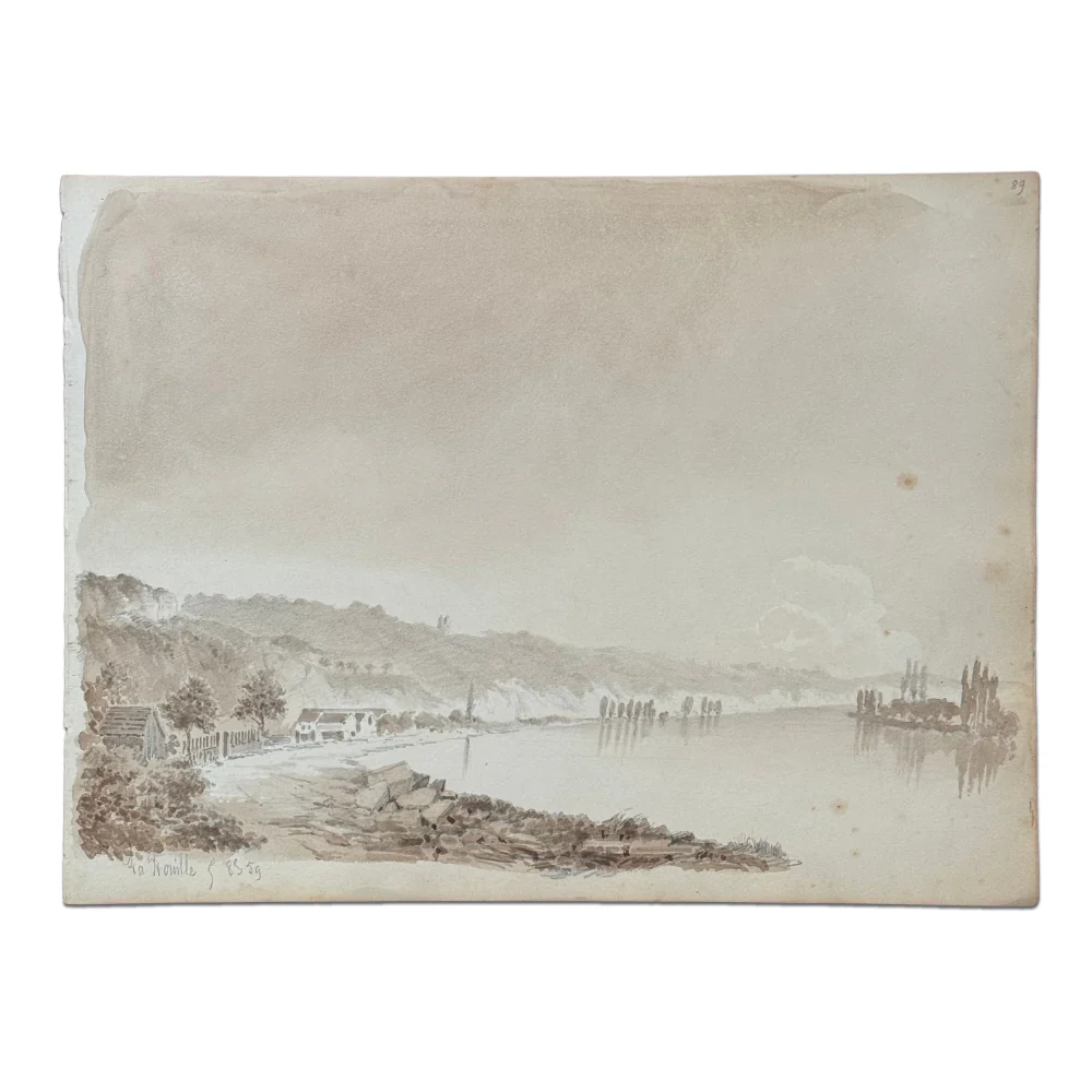 19th Century French Monochromatic Watercolor Painting by Alphonse Baril (#89)