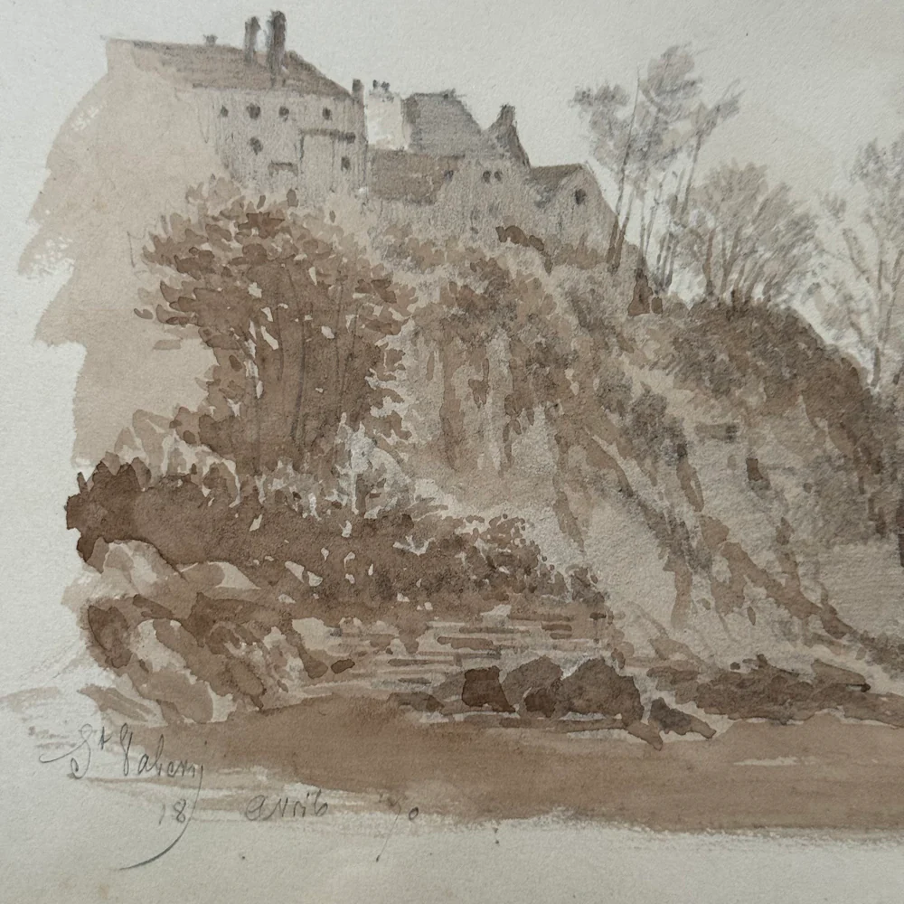 19th Century French Monochromatic Watercolor Painting by Alphonse Baril (#90) - Image 2