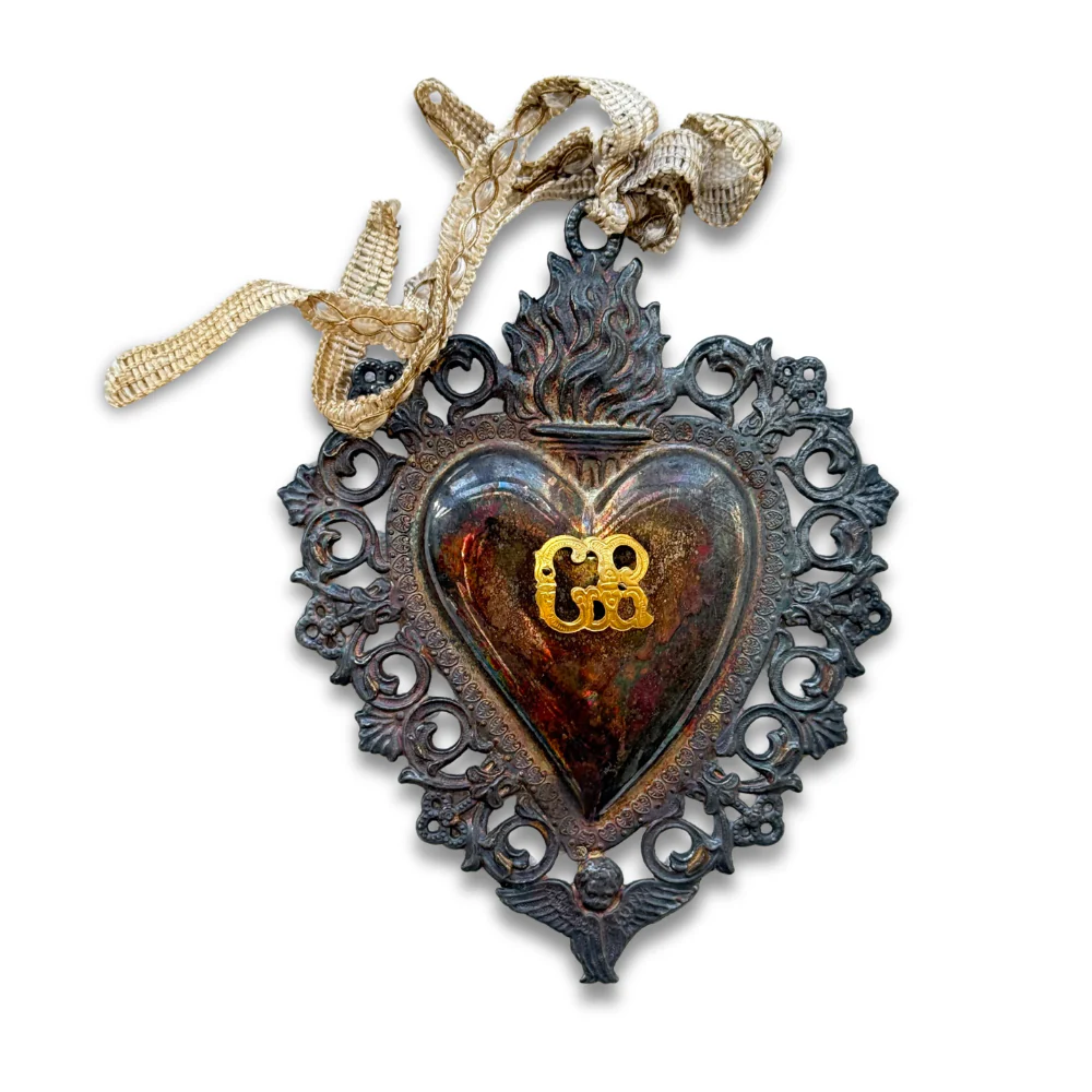 19th-century Italian Ex-Voto Sacred Silver Heart with Ribbon (No. 125)