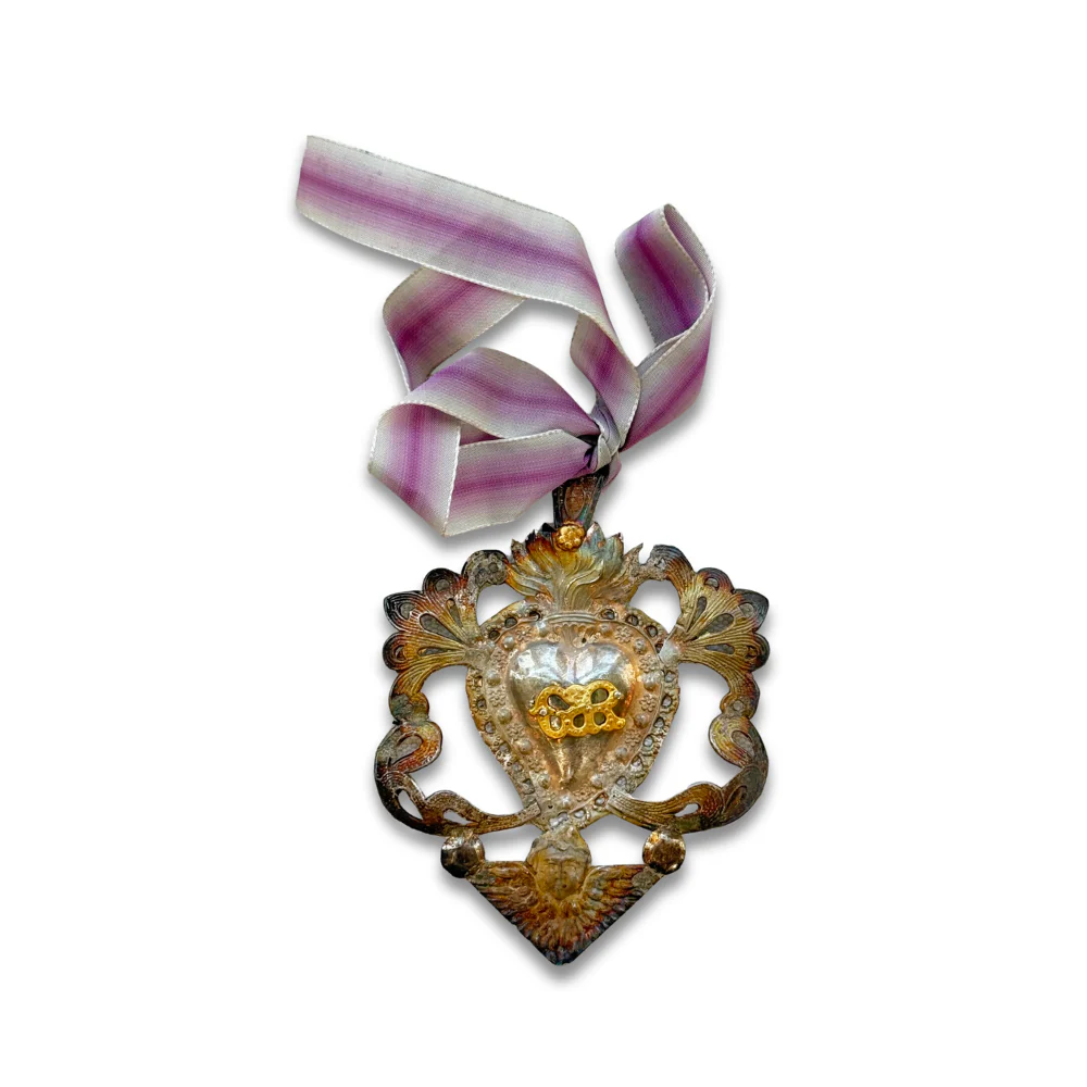 19th-century Italian Ex-Voto Sacred Silver Heart with Ribbon (No. 127)