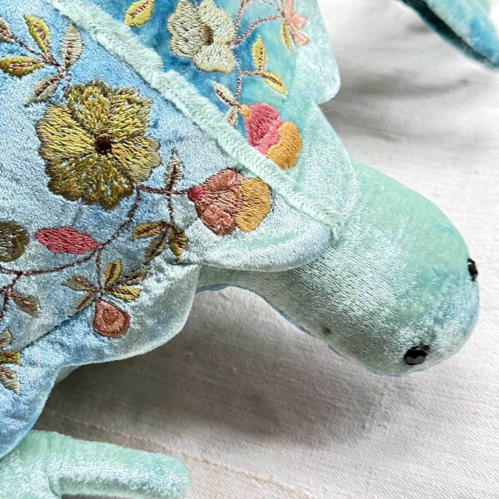 Abby Embroidered Big Silk Velvet Turtle in Shaded Lagoon - Image 4