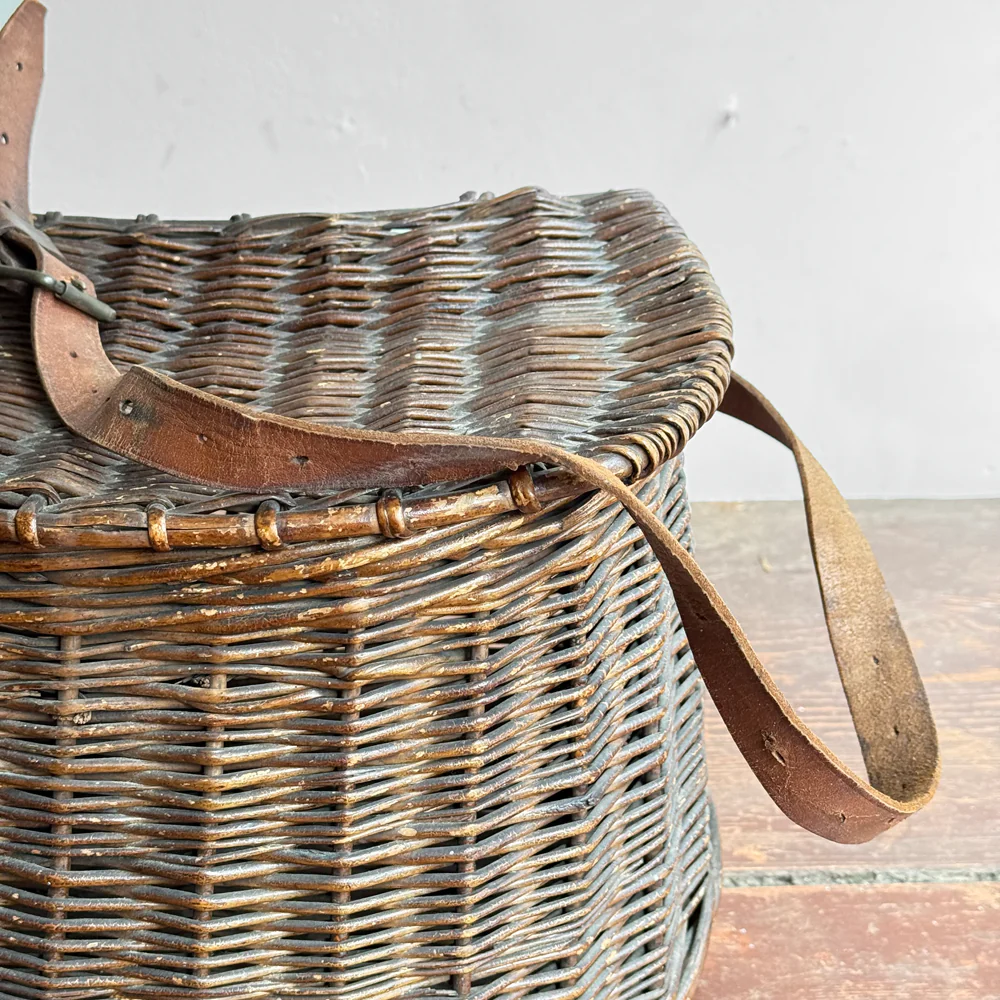 Antique Wicker Fishing Creel with Leather Strap - Image 2