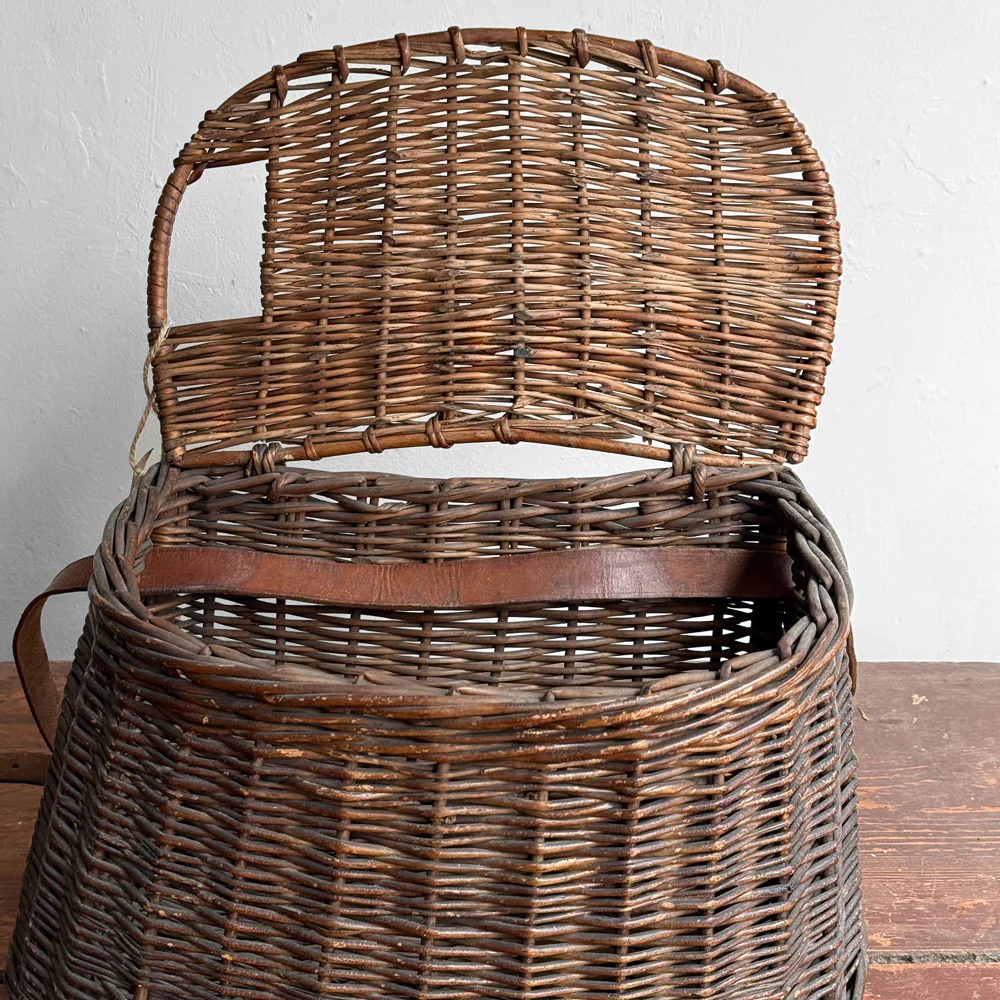 Antique Wicker Fishing Creel with Leather Strap - Image 3
