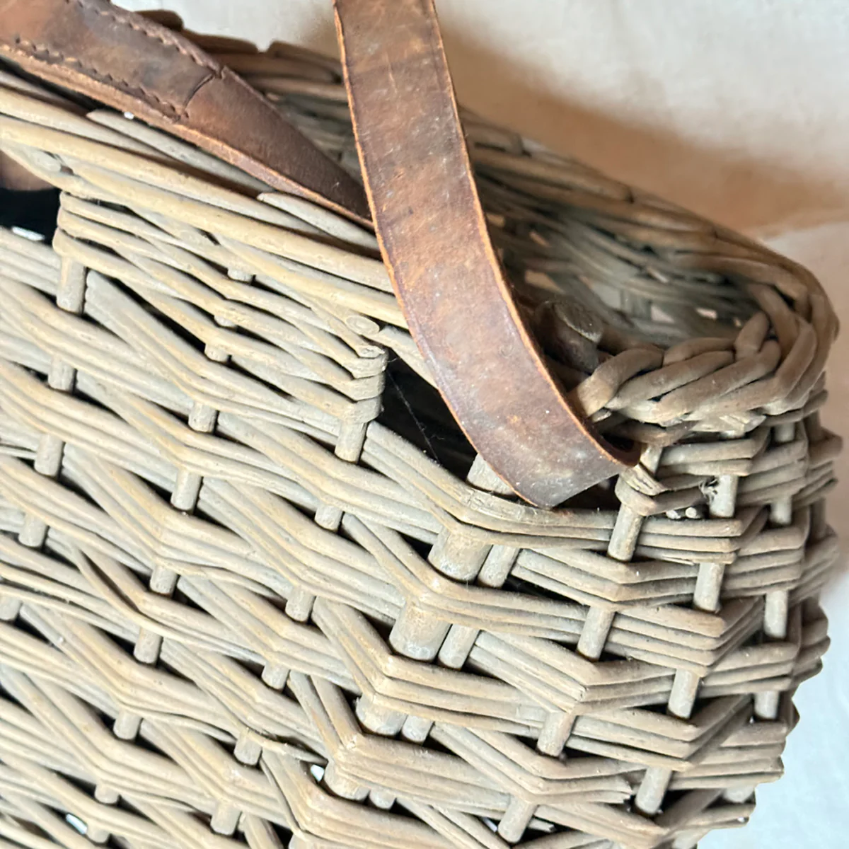 Antique Open Top Wicker Basket with Leather Strap - Image 6