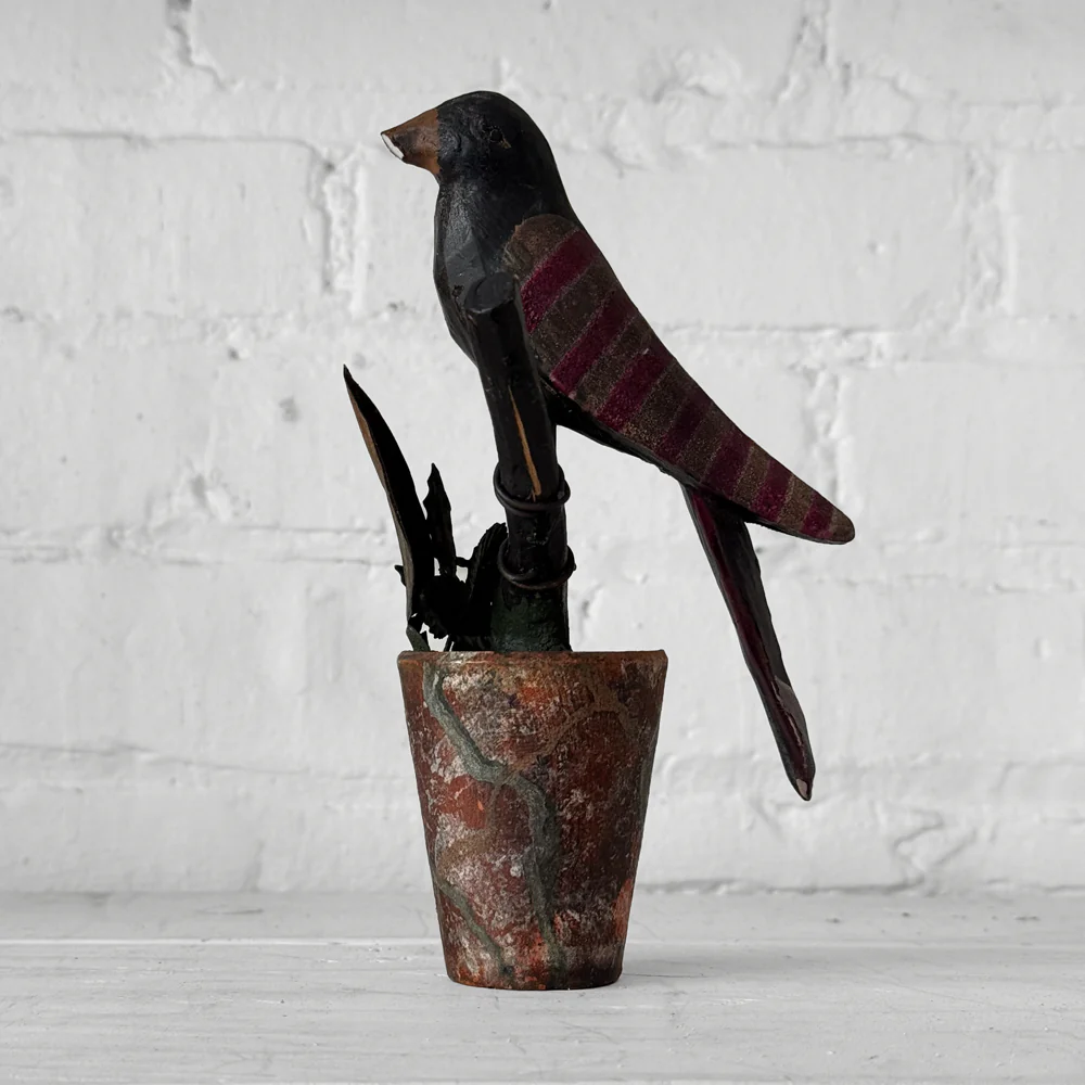 Black Forest Carved Perched Bird on Clay Pot (#2)