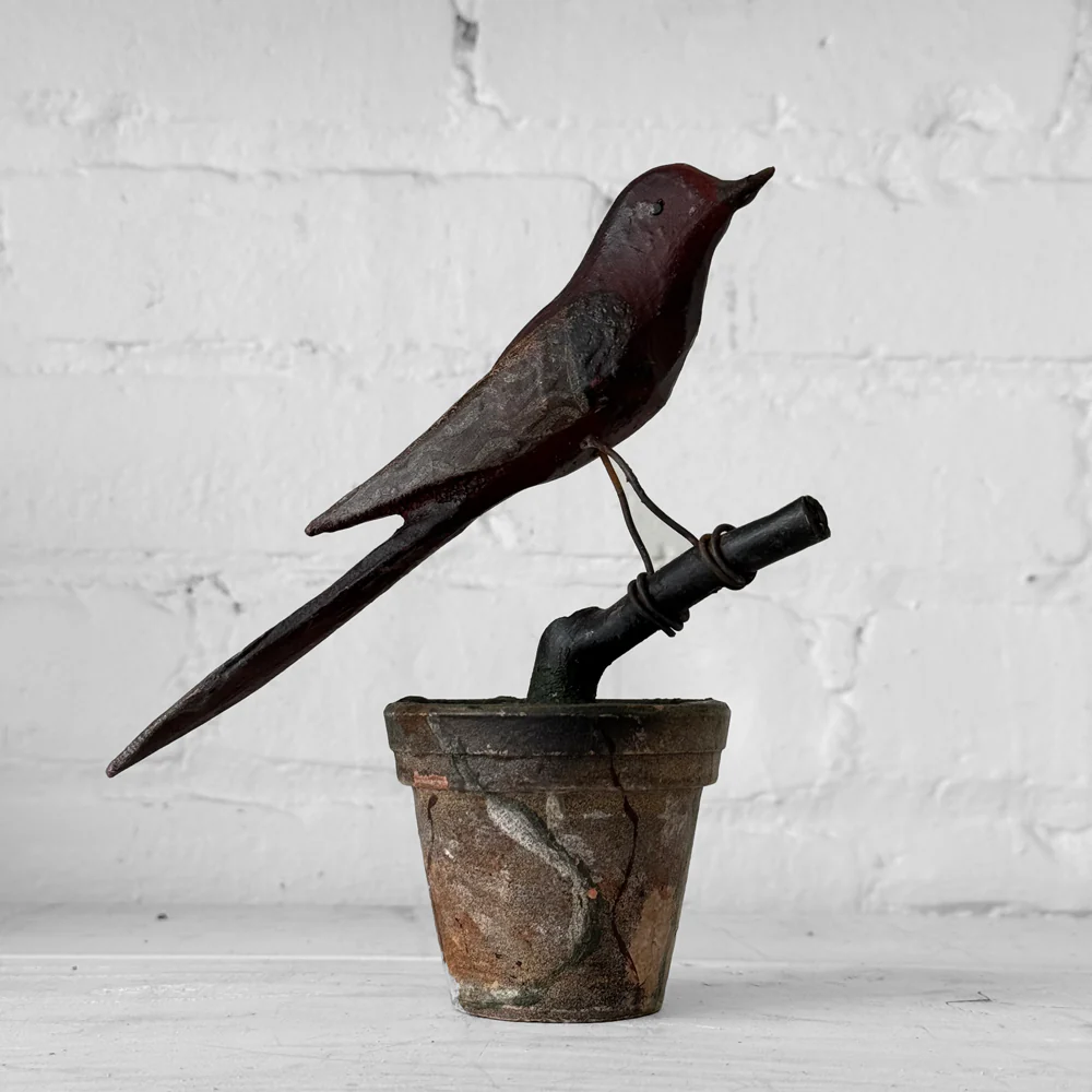 Black Forest Carved Perched Bird on Clay Pot (#3)