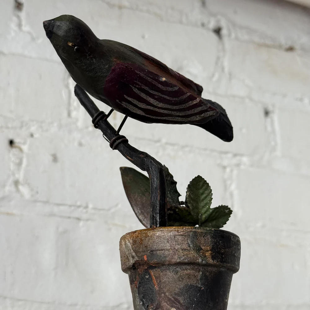 Black Forest Carved Perched Bird on Clay Pot (#5) - Image 4