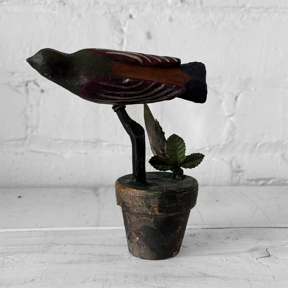 Black Forest Carved Perched Bird on Clay Pot (#5) - Image 5