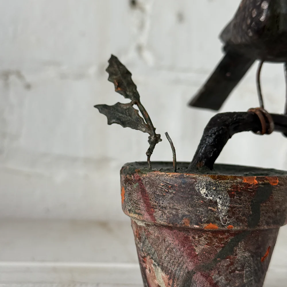 Black Forest Carved Perched Bird on Clay Pot (#6) - Image 2