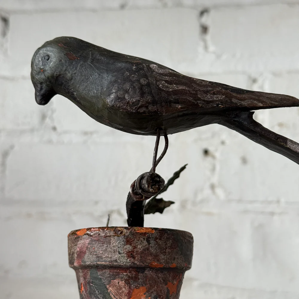 Black Forest Carved Perched Bird on Clay Pot (#6) - Image 4