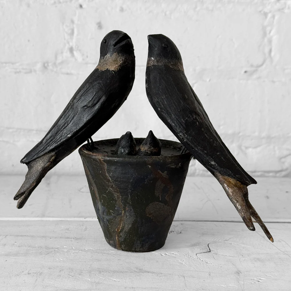 Black Forest Carved Perched Birds on Clay Pot (#9)