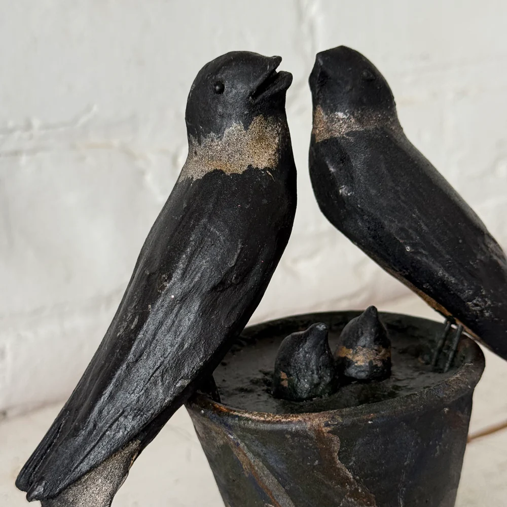 Black Forest Carved Perched Birds on Clay Pot (#9) - Image 2