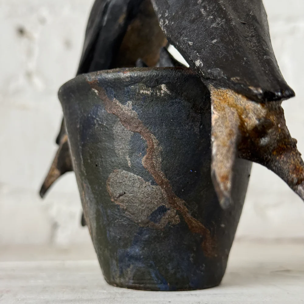 Black Forest Carved Perched Birds on Clay Pot (#9) - Image 3