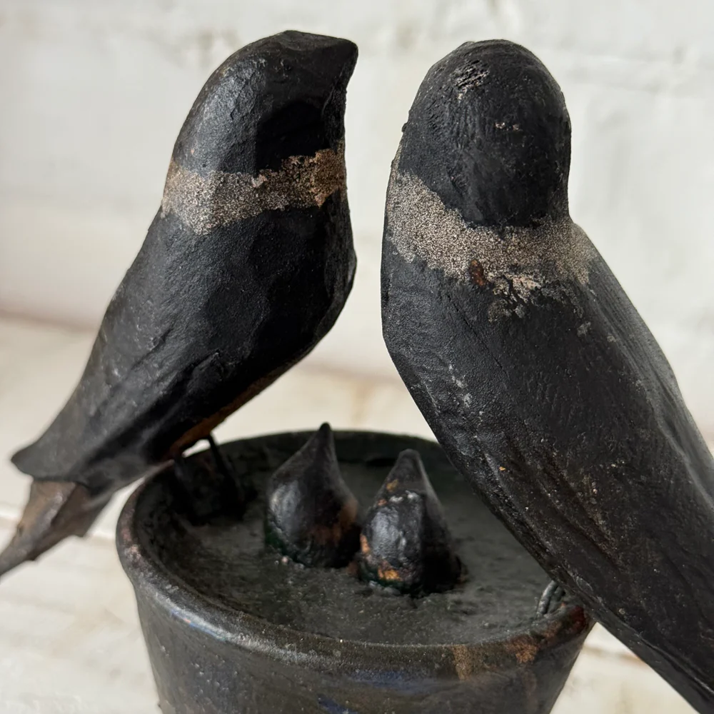 Black Forest Carved Perched Birds on Clay Pot (#9) - Image 4