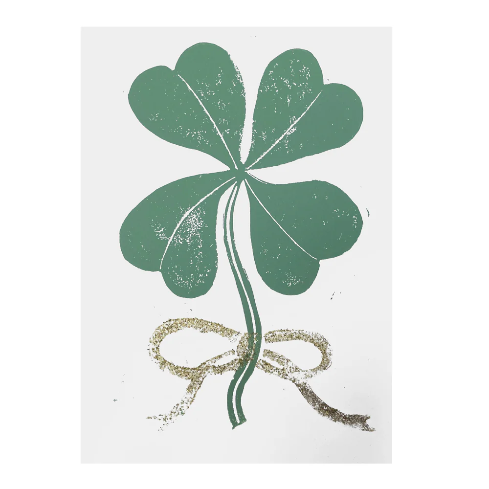 Block Printed Clover with Bow Folded Card