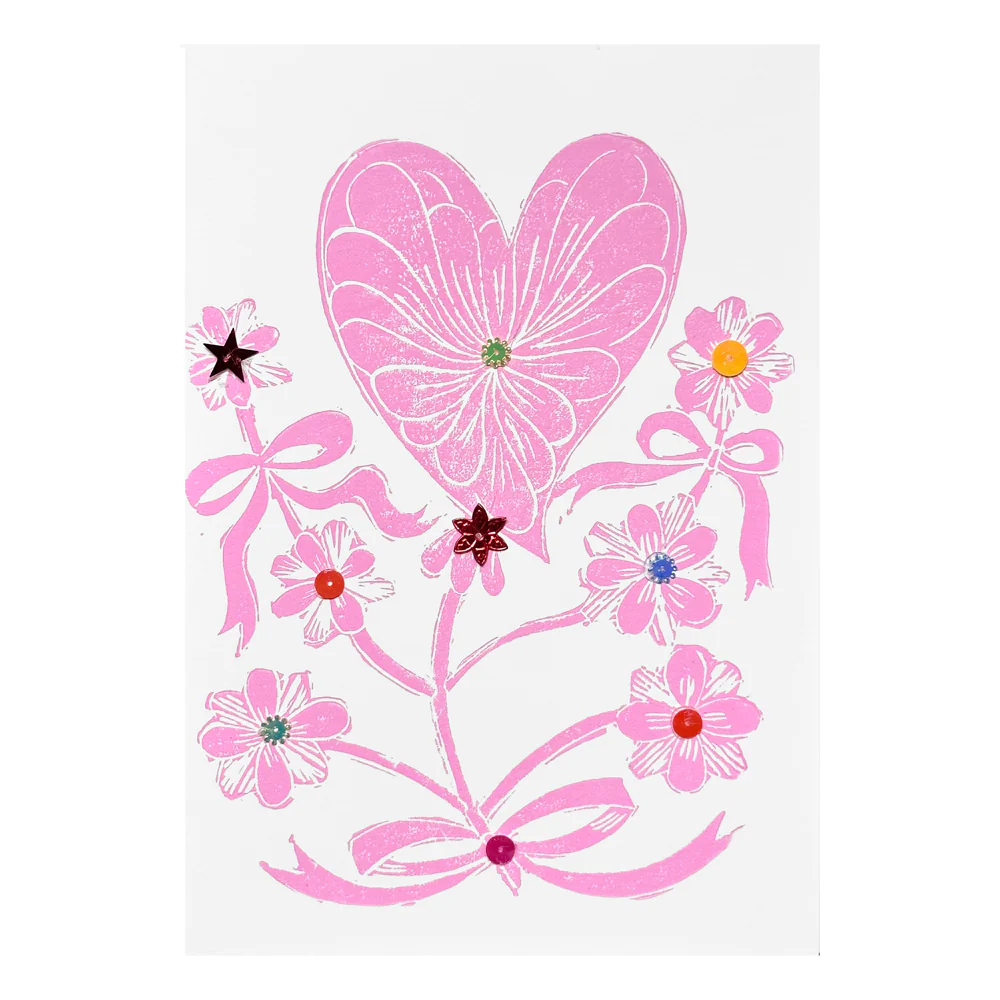 Block Printed Pink Valentine Flower Folded Card