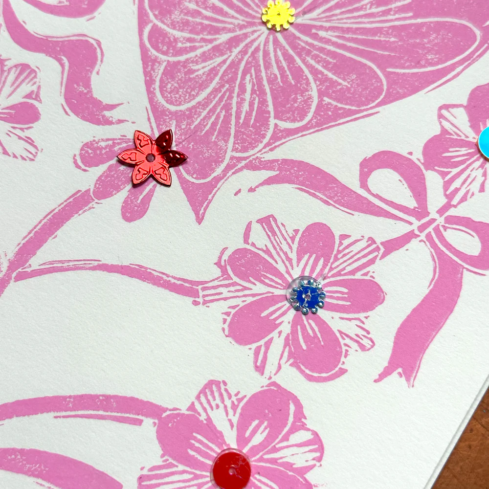 Block Printed Pink Valentine Flower Folded Card - Image 2