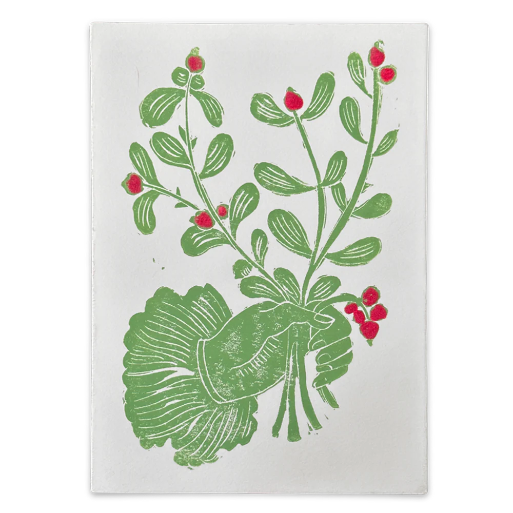 Block Printed Light Green Bouquet with Red Folded Card