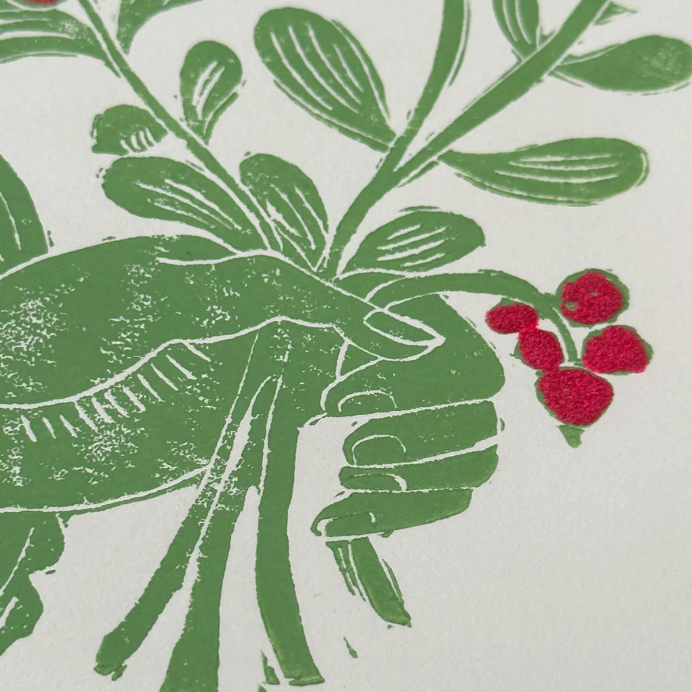 Block Printed Light Green Bouquet with Red Folded Card - Image 2