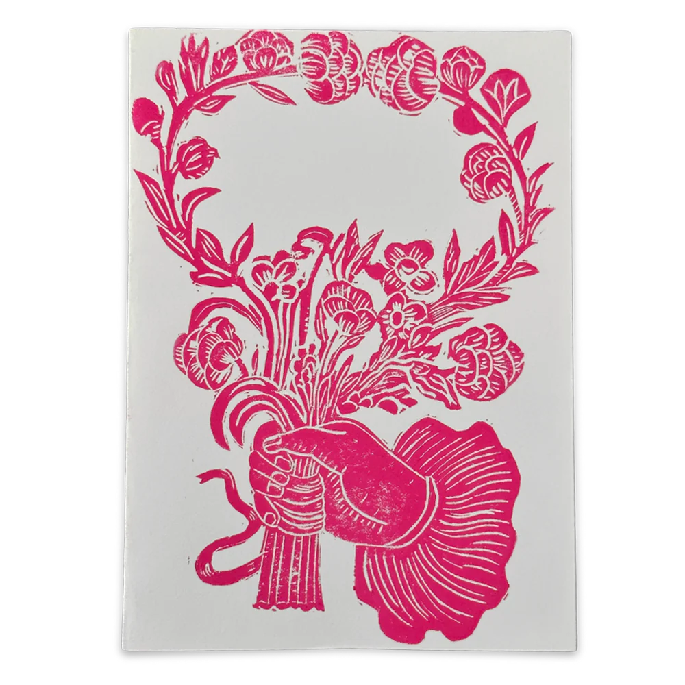 Block Printed Pink Bouquet Folded Card