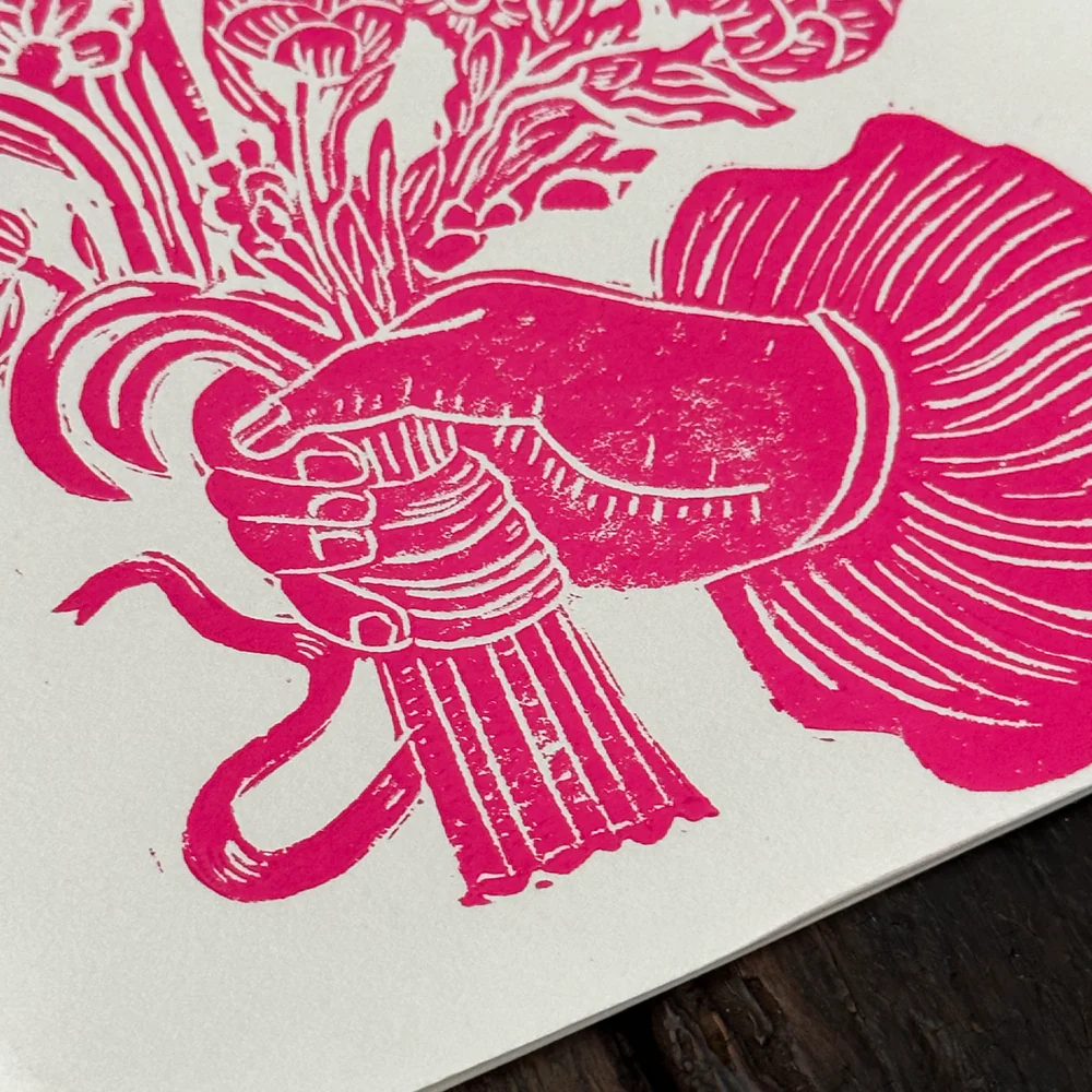 Block Printed Pink Bouquet Folded Card - Image 2