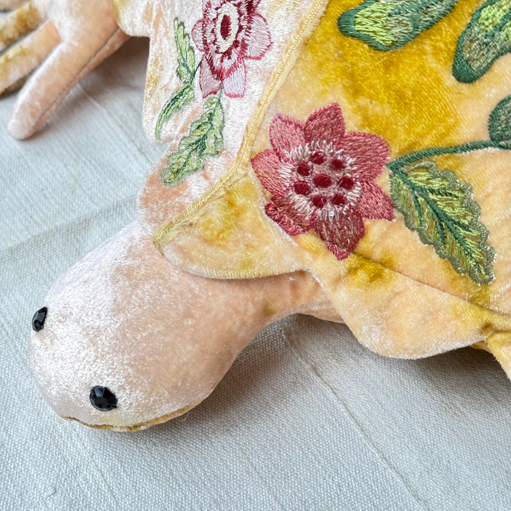 Bouquet Embroidered Big Silk Velvet Turtle in Shaded Yellow - Image 5