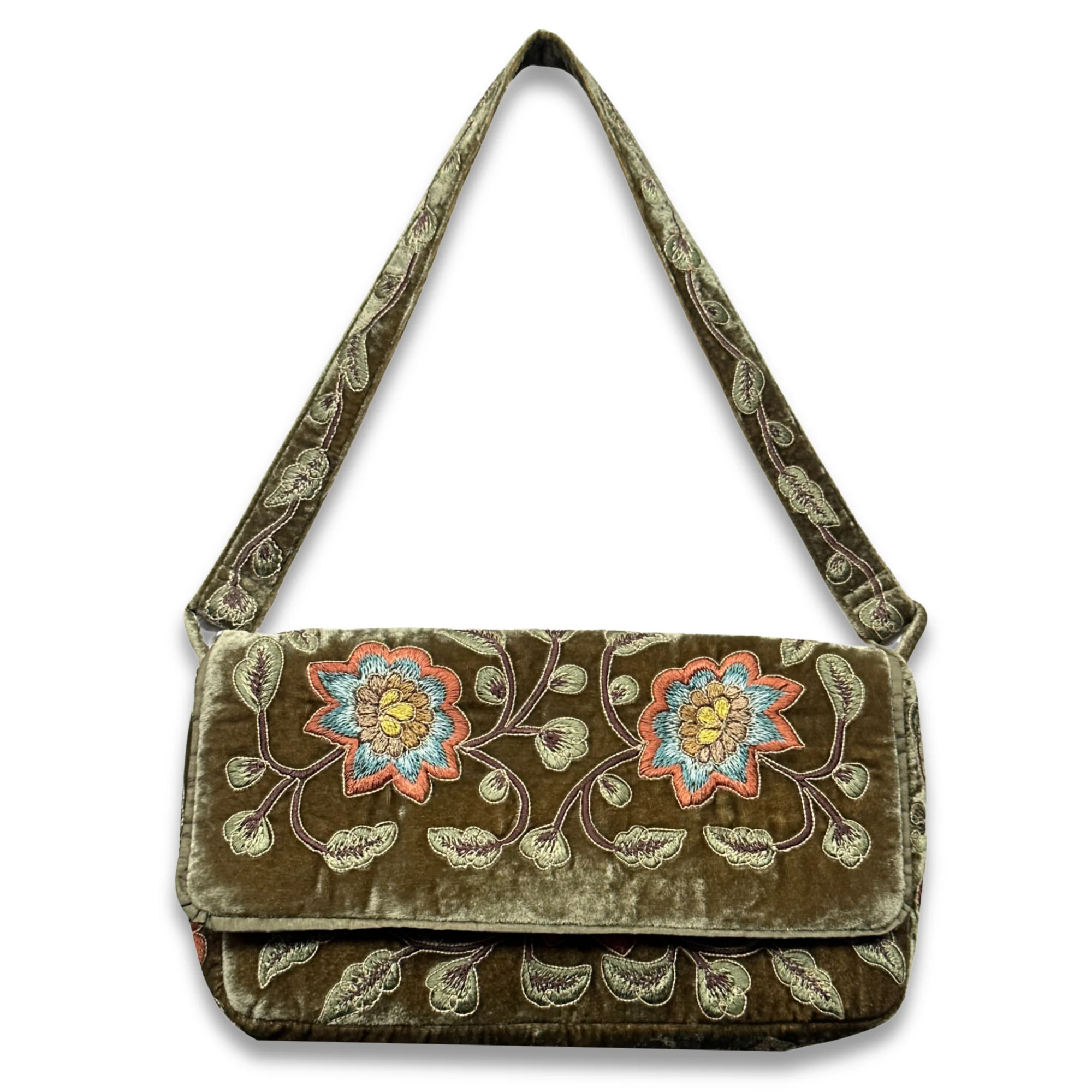 Carine Embroidered Silk Velvet Shoulder Bag in Olive