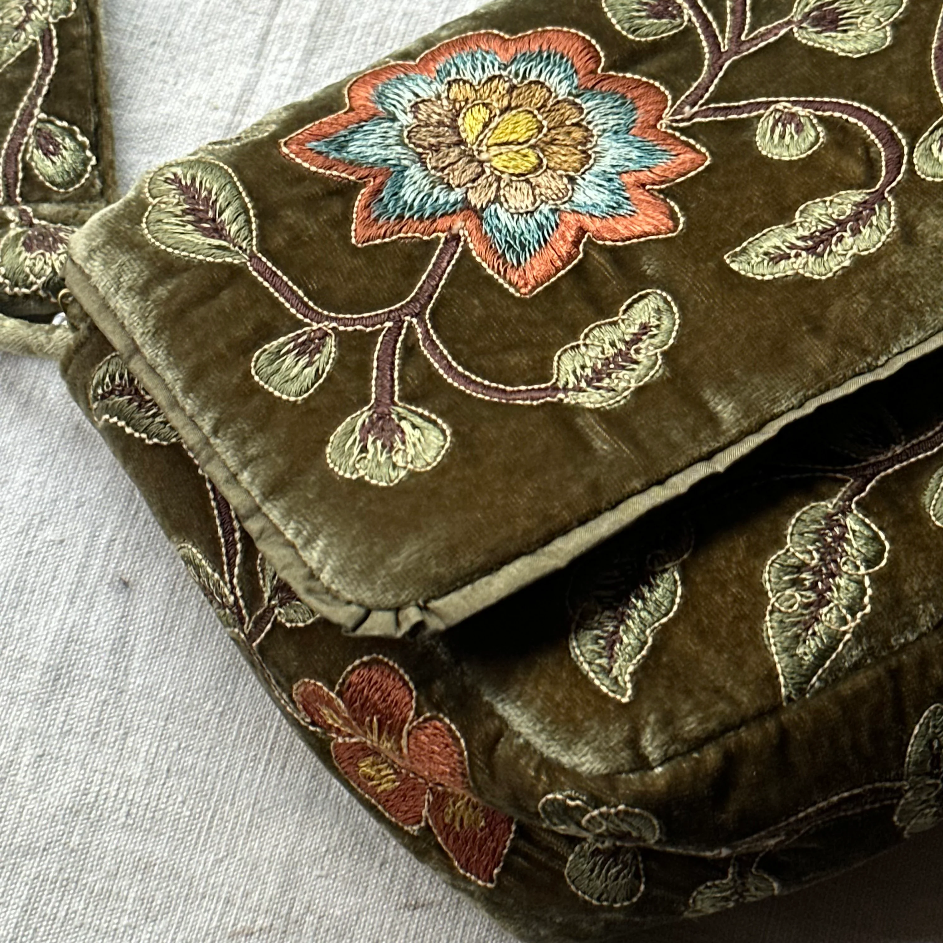 Carine Embroidered Silk Velvet Shoulder Bag in Olive - Image 2