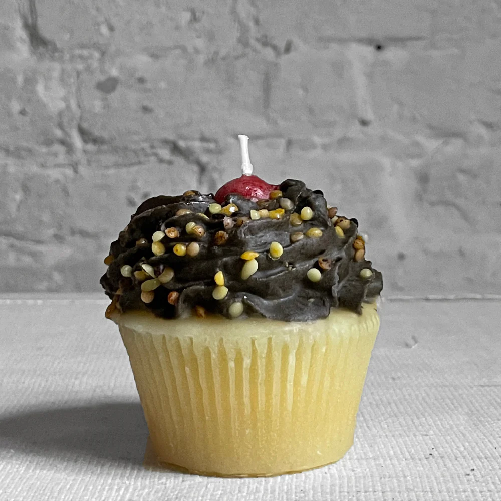Chocolate Frosted Cupcake Cupcake Candle with Cherry Topping