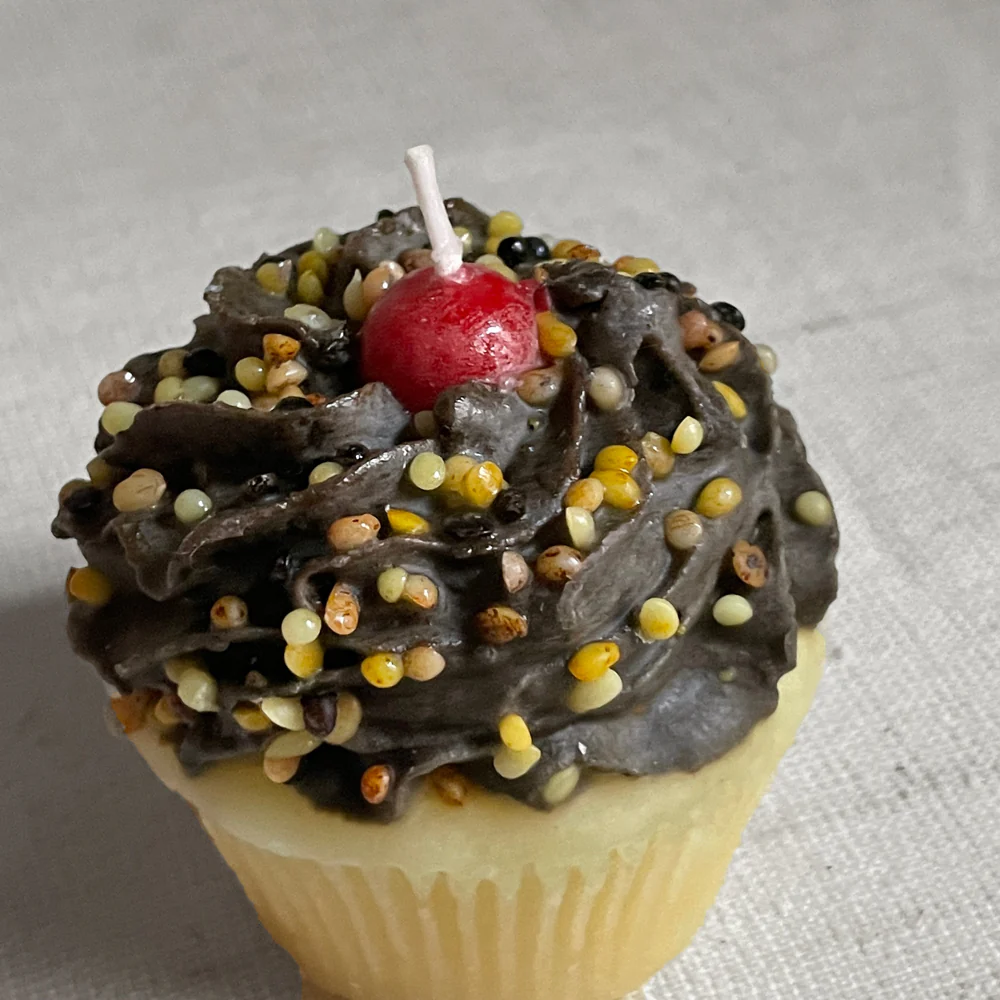 Chocolate Frosted Cupcake Cupcake Candle with Cherry Topping - Image 2