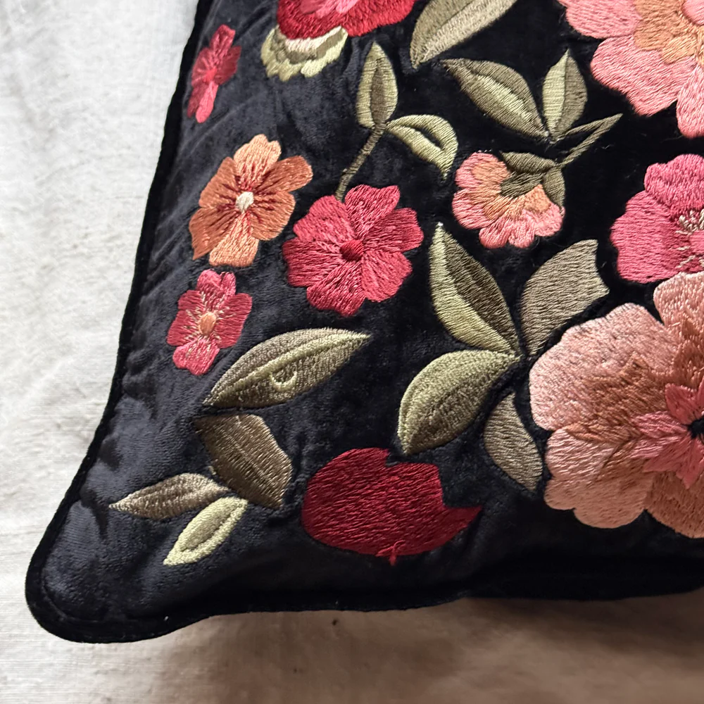 Eva Embroidered Silk Velvet Cushion in Black - Image 4