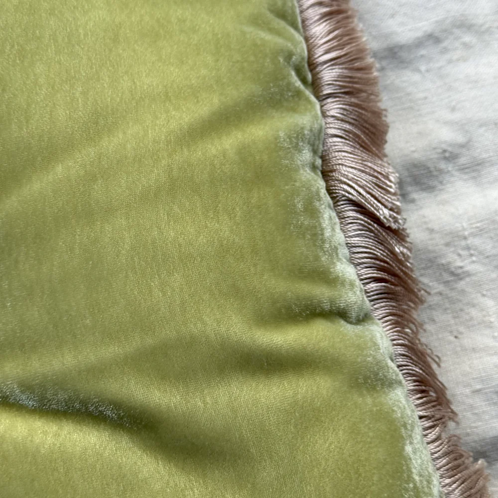 Fringe Silk Velvet Cushion in Apple Green with Silver Fringe - Image 3