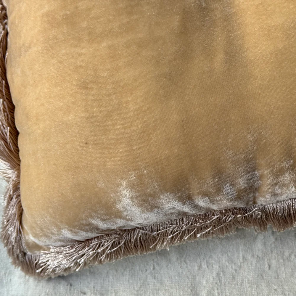 Fringe Silk Velvet Cushion in Cashmere with Beige Fringe - Image 2