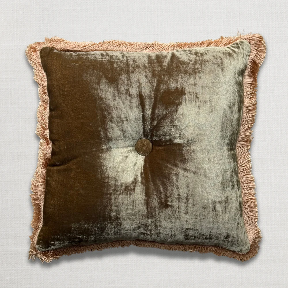Button Fringe Silk Velvet Cushion in Dusty Olive with Beige Fringe