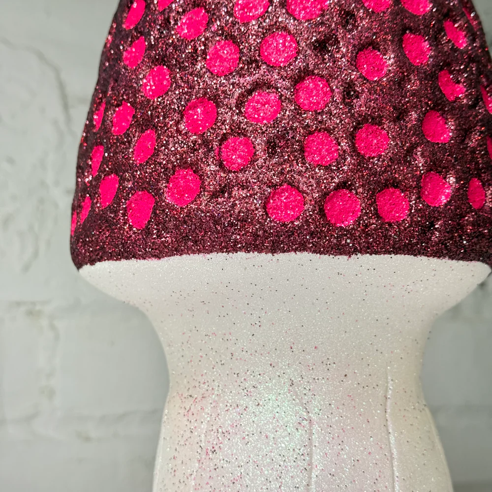 Glitter Morel Mushroom in Burgundy with Many Pink Dots - Image 2