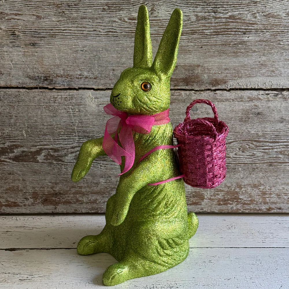 Ino Schaller Extra-Large Glitter Bunny with Bow and Basket in Green