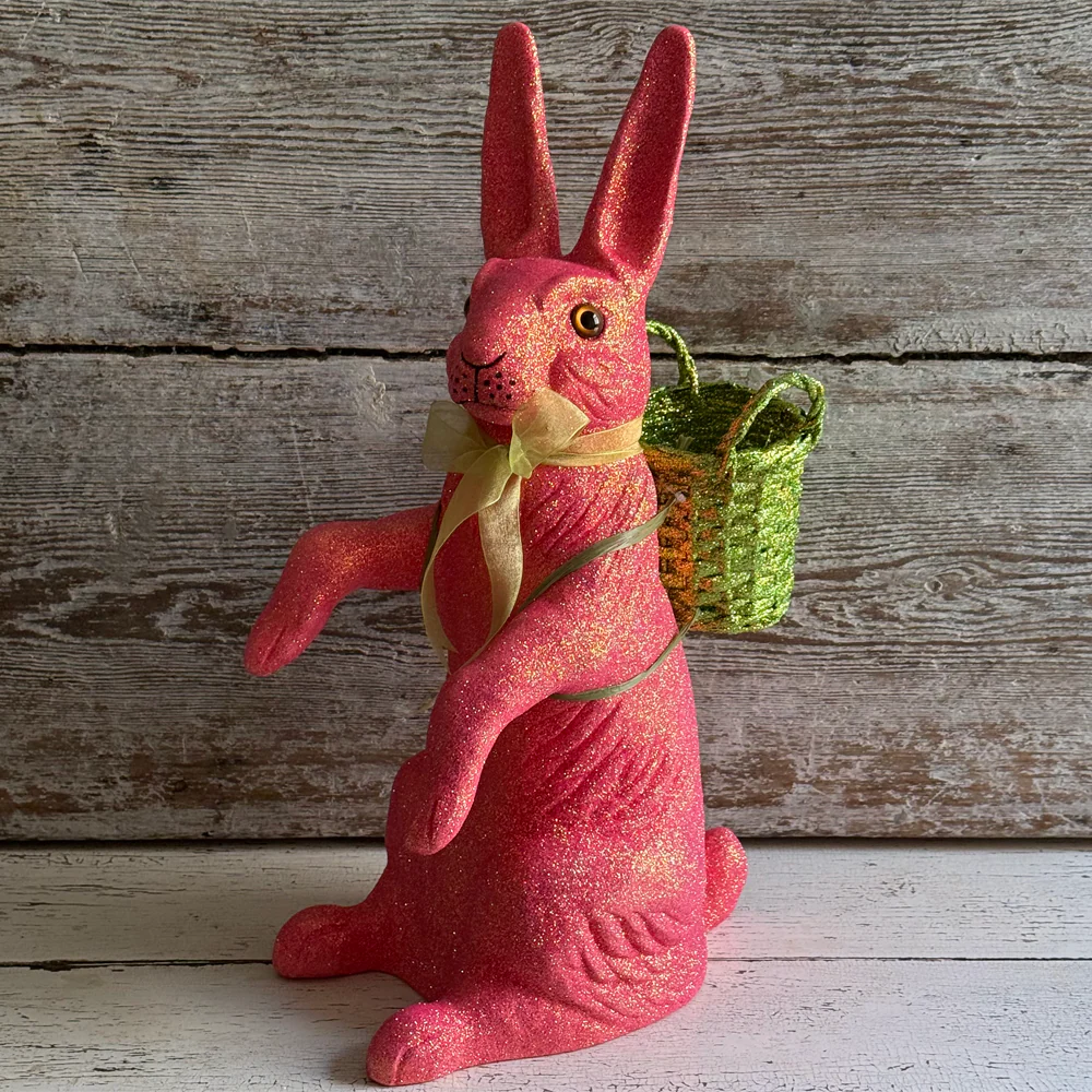 Ino Schaller Extra-Large Glitter Bunny with Bow and Basket in Neon Pink