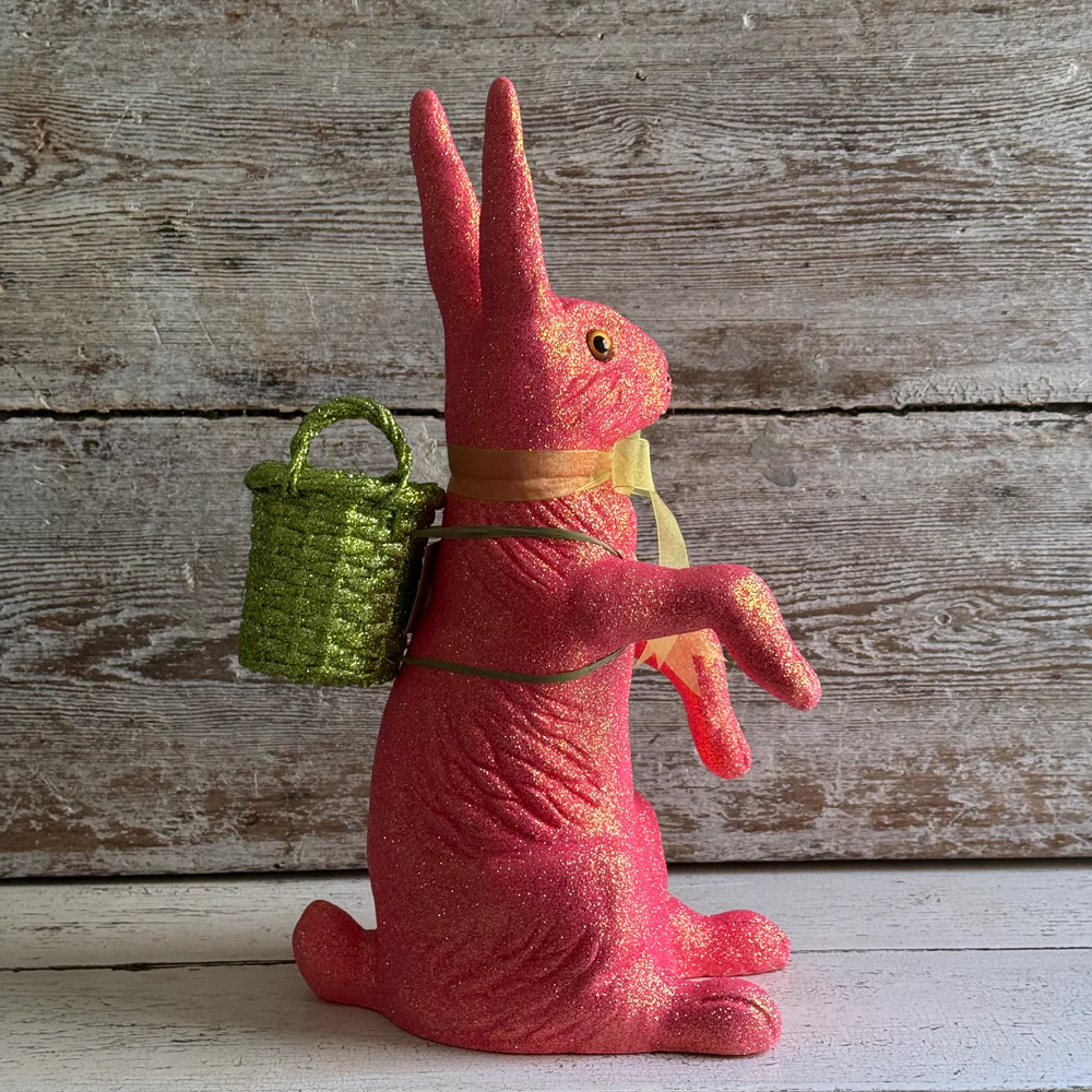 Ino Schaller Extra-Large Glitter Bunny with Bow and Basket in Neon Pink - Image 2