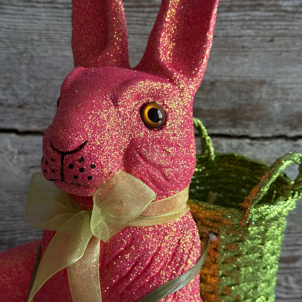 Ino Schaller Extra-Large Glitter Bunny with Bow and Basket in Neon Pink - Image 3