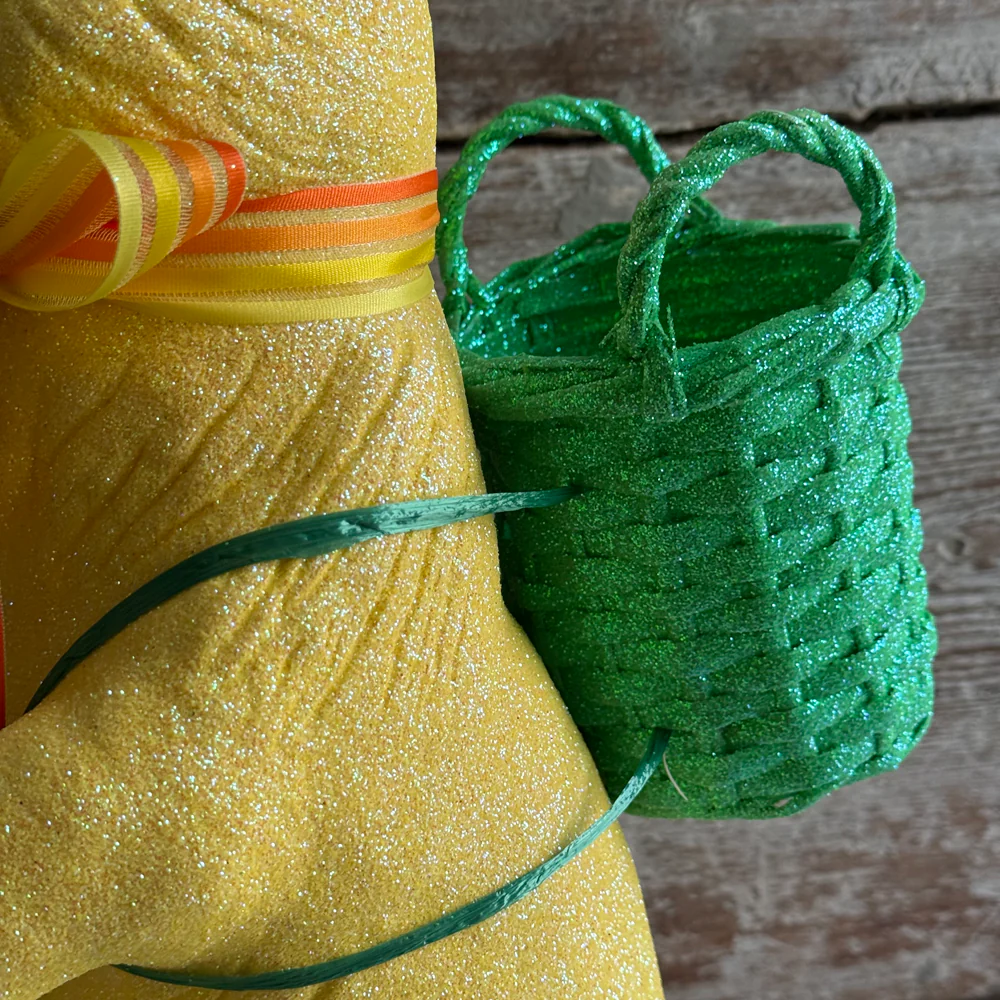 Ino Schaller Extra-Large Glitter Bunny with Bow and Basket in Yellow - Image 4