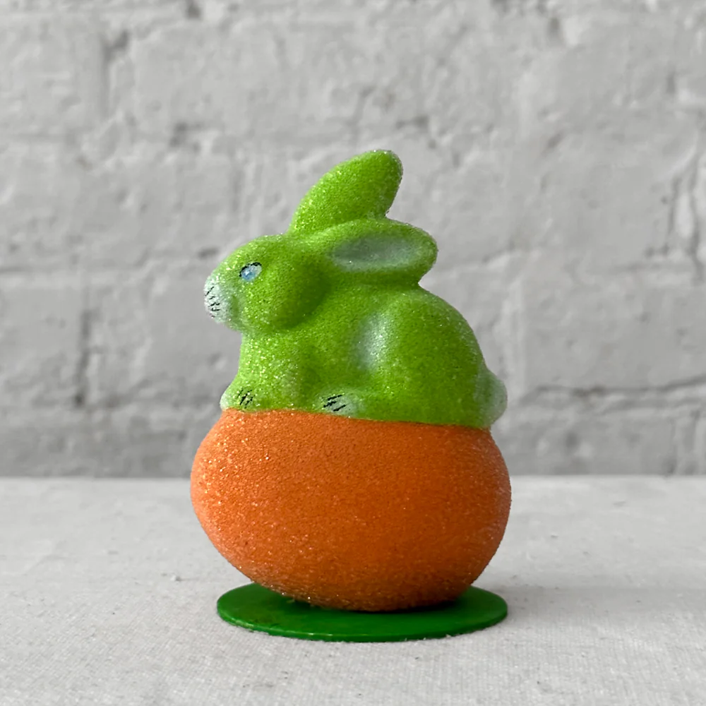 Papier Mâché Beaded Bunny on Egg in Green & Orange