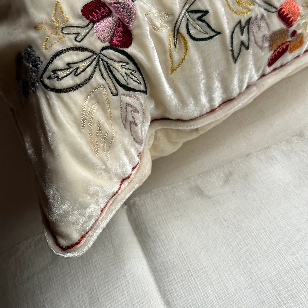 New Flower Embroidered Silk Velvet Cushion in Ivory - Image 4