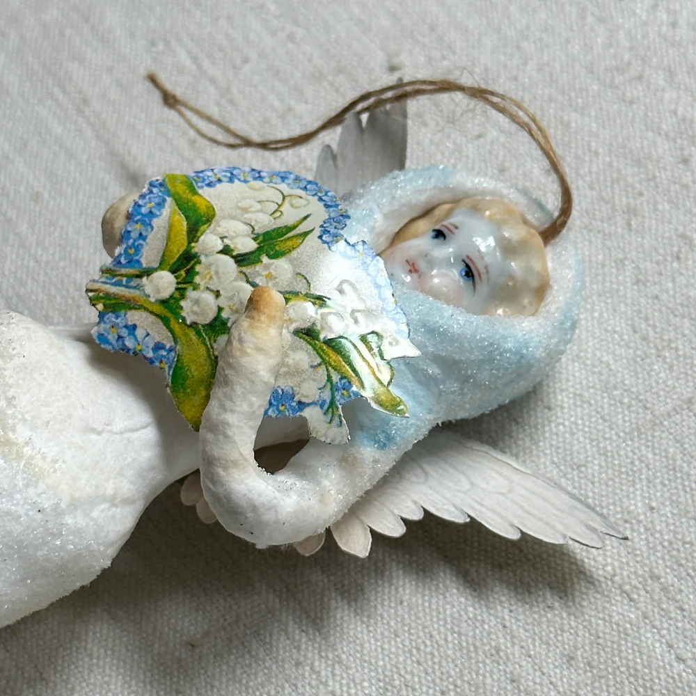 Nostalgic Cotton Angel Scrap Heart with Porcelain Head Ornament - Image 2