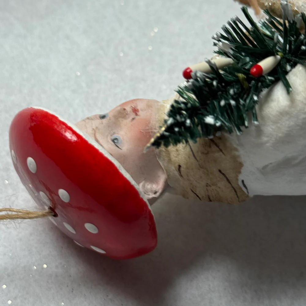 Nostalgic Cotton Mushroom Boy with Sled and Porcelain Head Ornament - Image 2