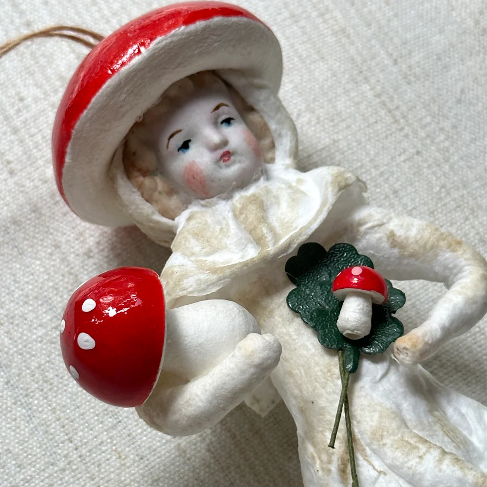 Nostalgic Cotton Mushroom Girl with Porcelain Head Ornament - Image 2