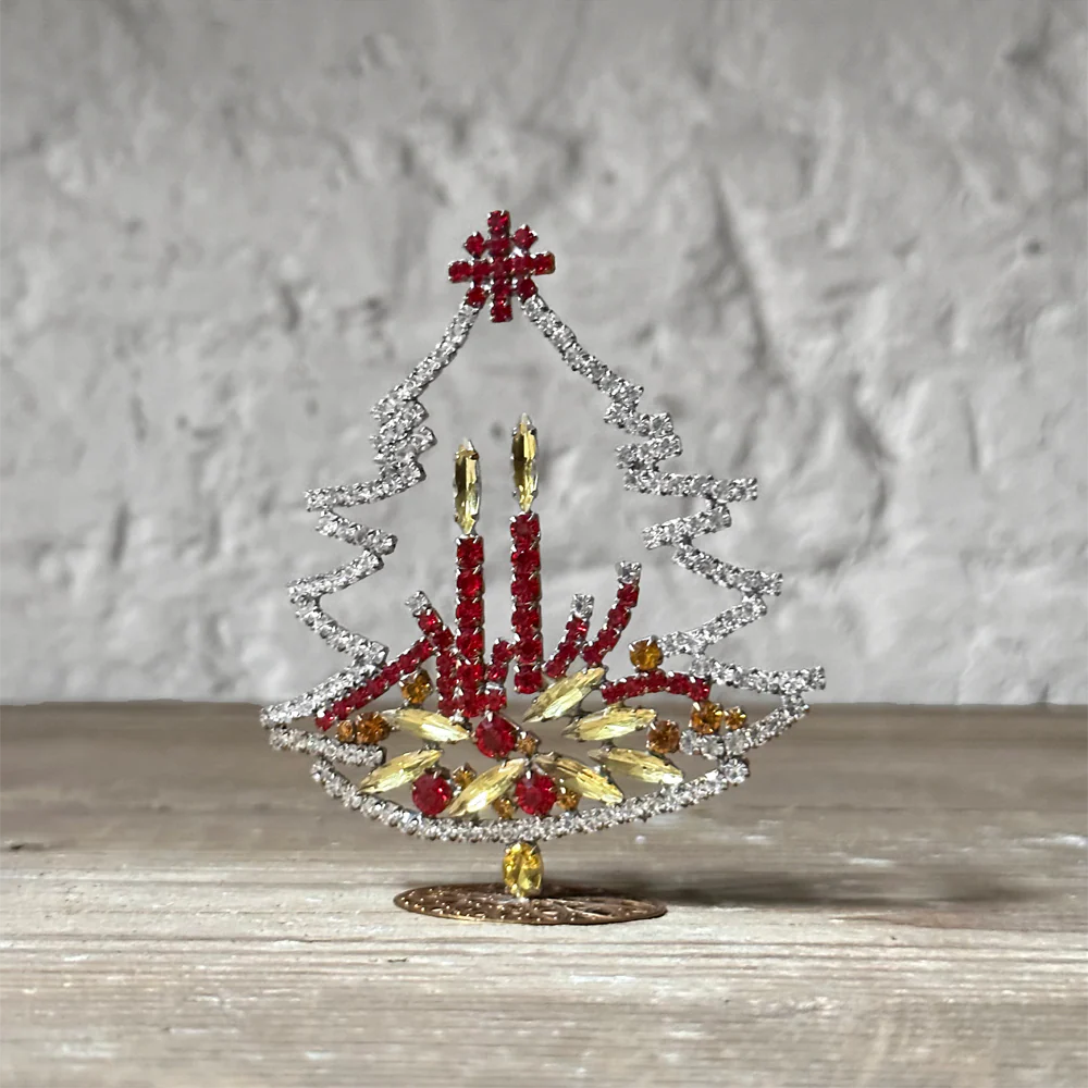 Nostalgic Jeweled Red & Gold Glass Crystal Tree with Candles