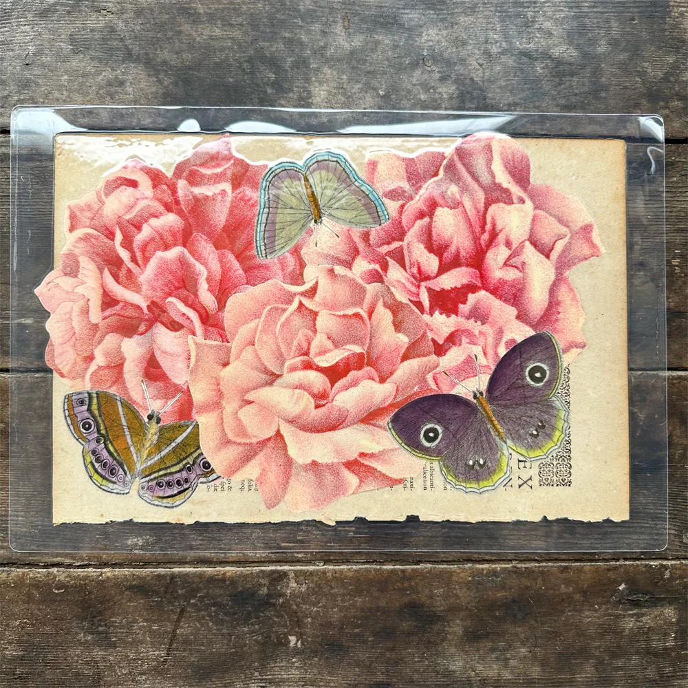 One of a Kind Collaged Pink Flower & Butterly Mat Pair (2-17 & 2-19)